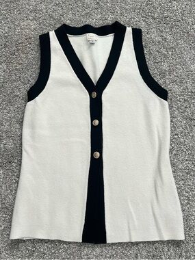 a new day White Knit Tank with Black Trim and Gold Front buttons.